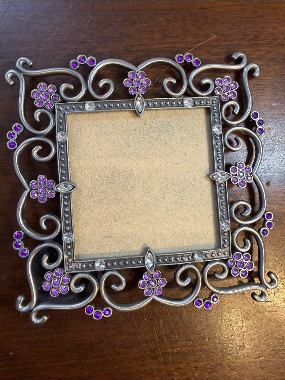 Y2K 4x4 Decorative Purple Rhinestone Scroll Pewter Photo Frame